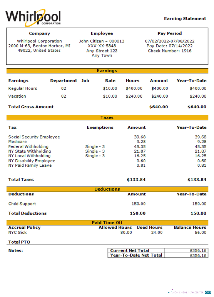 Download USA Whirlpool Corporation commercial company pay stub Photoshop template